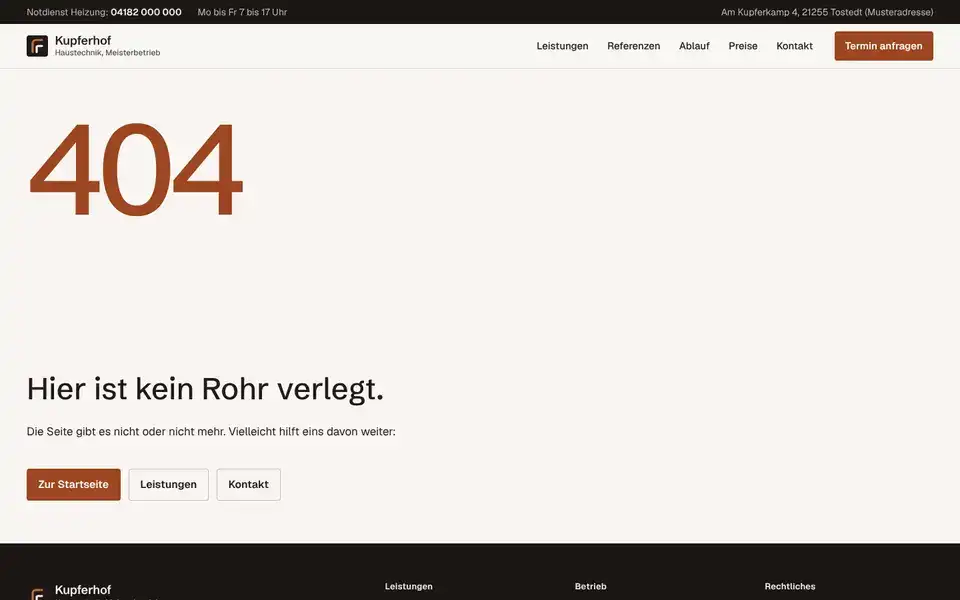 Kupferhof, page "Seite nicht gefunden", first screen