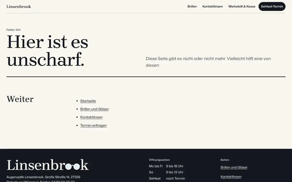 Linsenbrook, Seite „Seite nicht gefunden“, erster Bildschirm