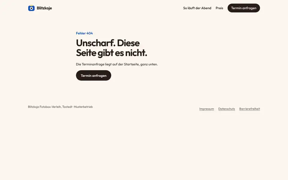 Blitzkoje, Seite „404“, erster Bildschirm