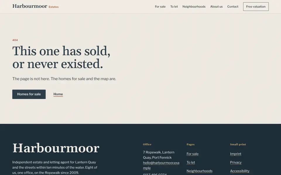 Harbourmoor, Seite „Not found“, erster Bildschirm