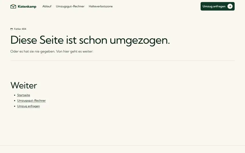 Kistenkamp, Seite „Seite nicht gefunden“, erster Bildschirm