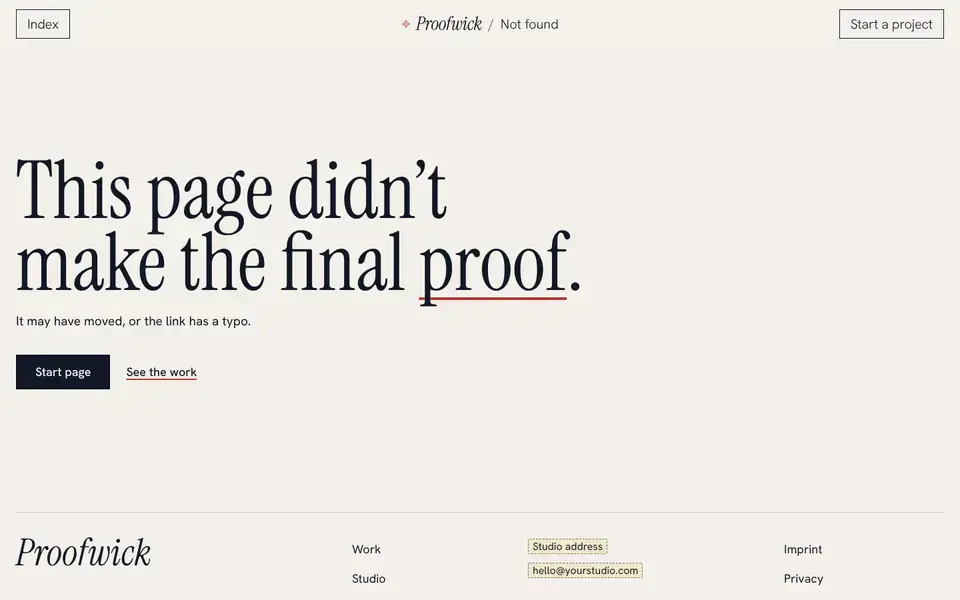 Proofwick, page "404", first screen