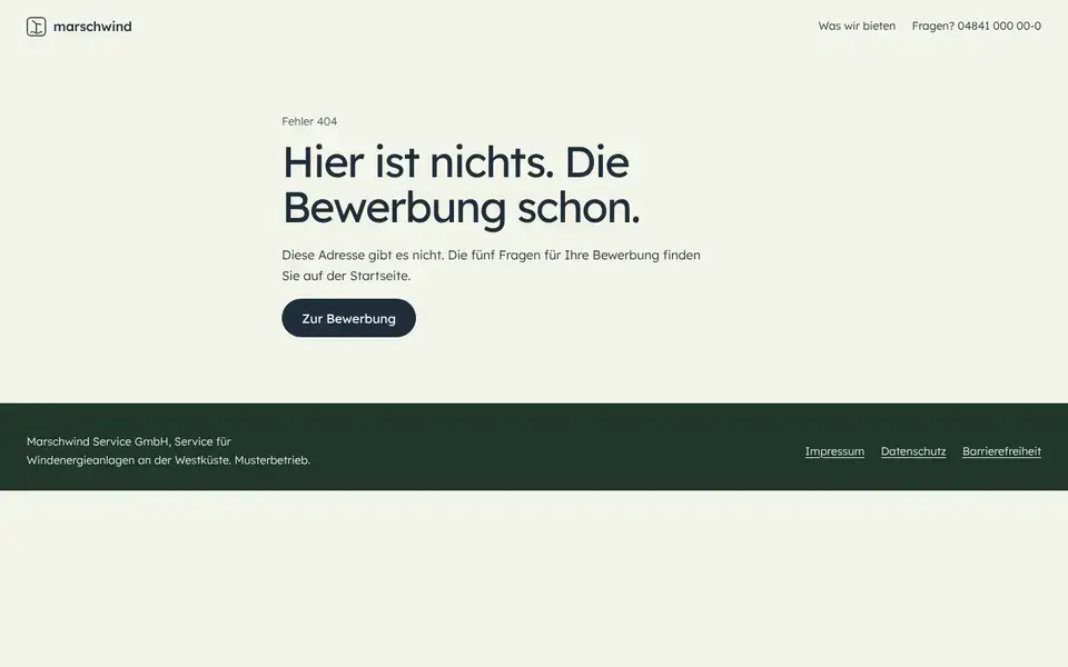 Marschwind, Seite „404“, erster Bildschirm