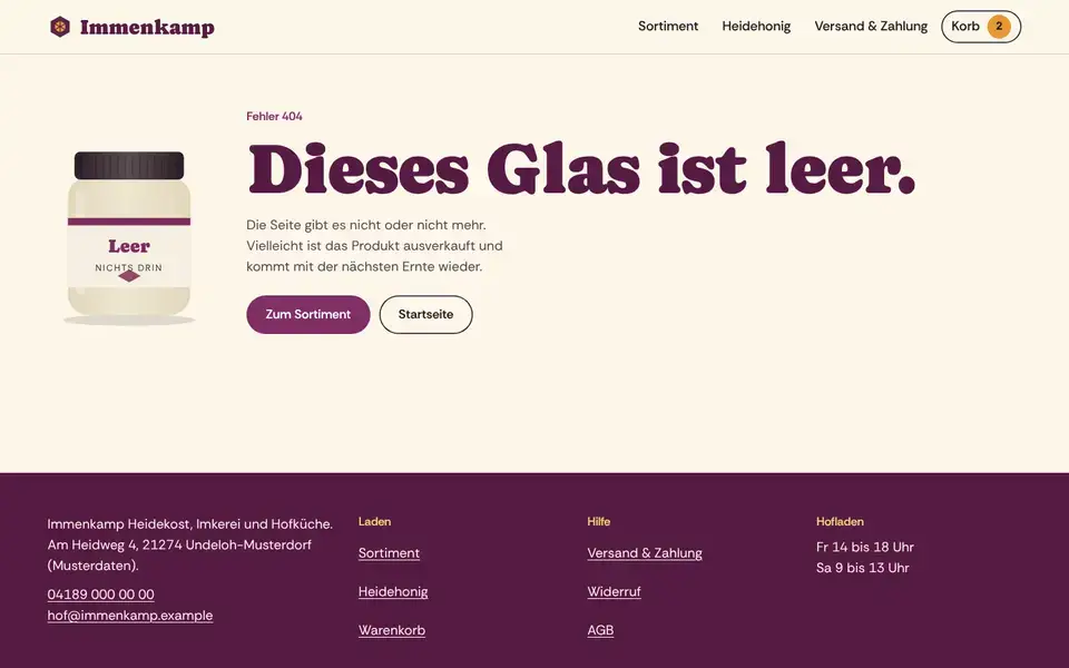 Immenkamp, page "Seite nicht gefunden", first screen