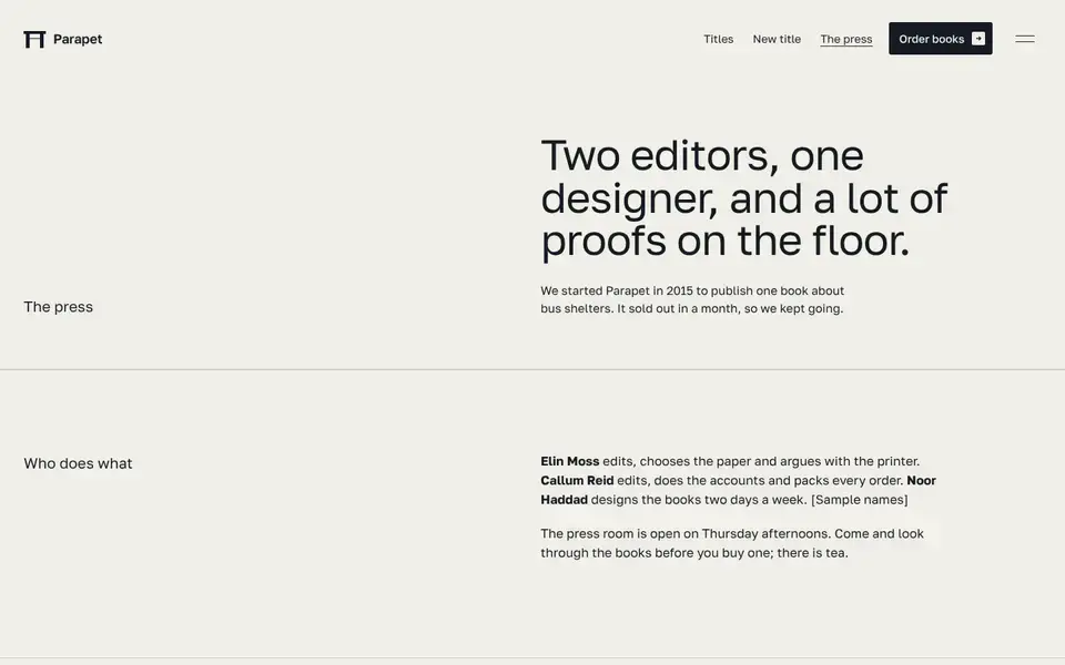 Parapet, Seite „The press and contact“, erster Bildschirm