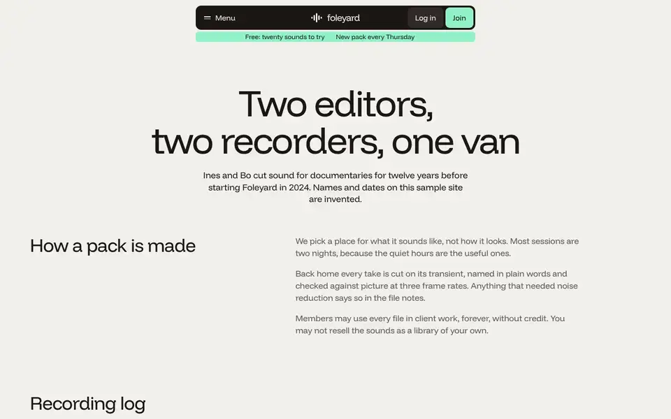 Foleyard, page "About (method, recording log)", first screen