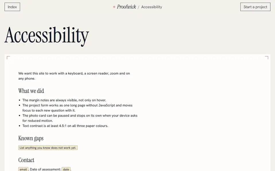 Proofwick, page "Accessibility statement (template)", first screen
