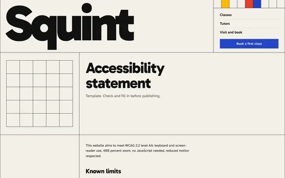 Squint, Seite „Accessibility statement (template)“, erster Bildschirm