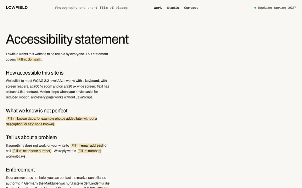 Lowfield, Seite „Accessibility (template)“, erster Bildschirm