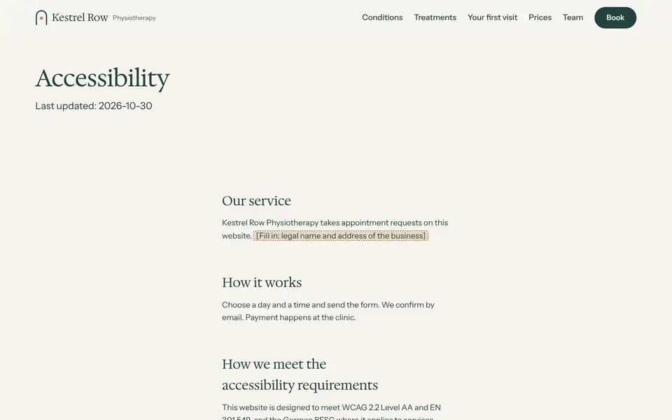 Kestrel Row, page "Accessibility", first screen