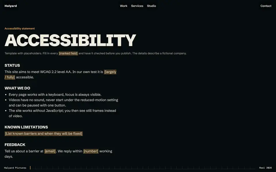 Halyard, page "Accessibility (template)", first screen