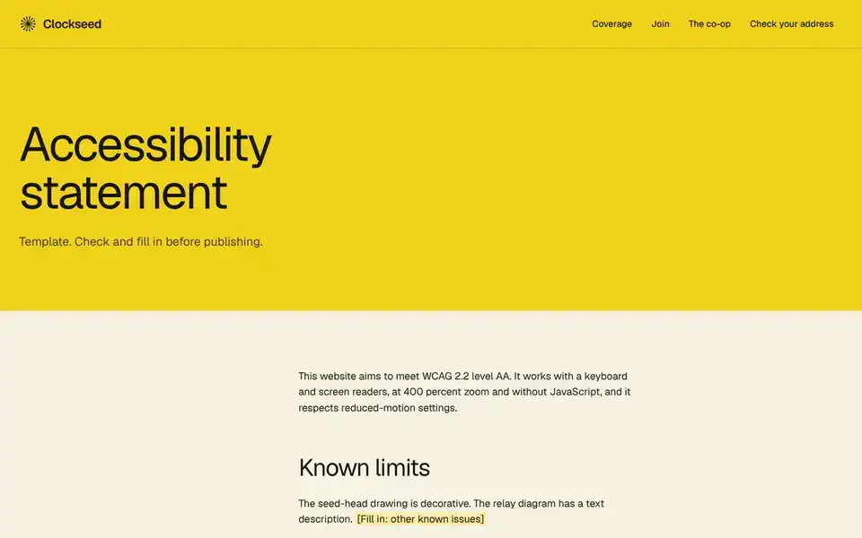 Clockseed, page "Accessibility statement (template)", first screen