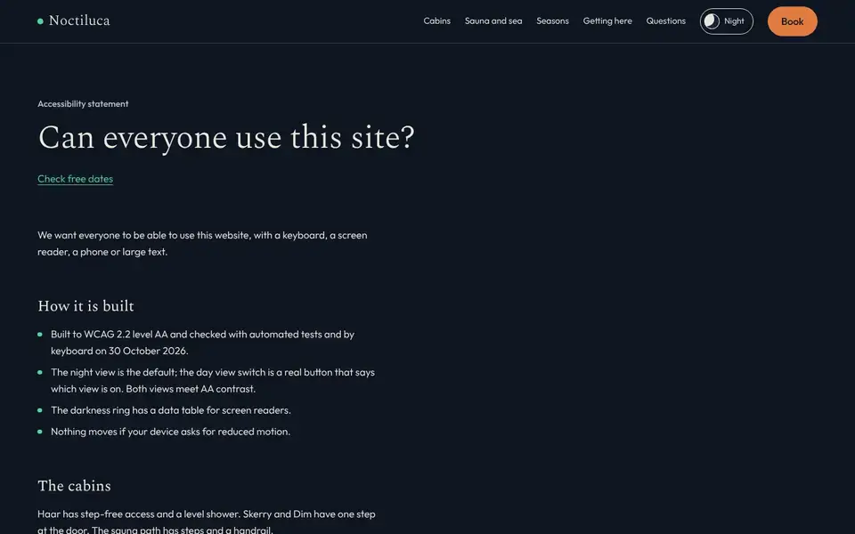Noctiluca, Seite „Accessibility“, erster Bildschirm
