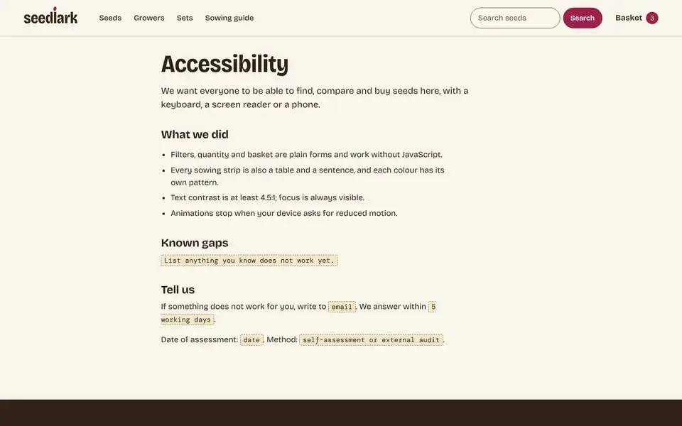 Seedlark, page "Accessibility statement (template)", first screen