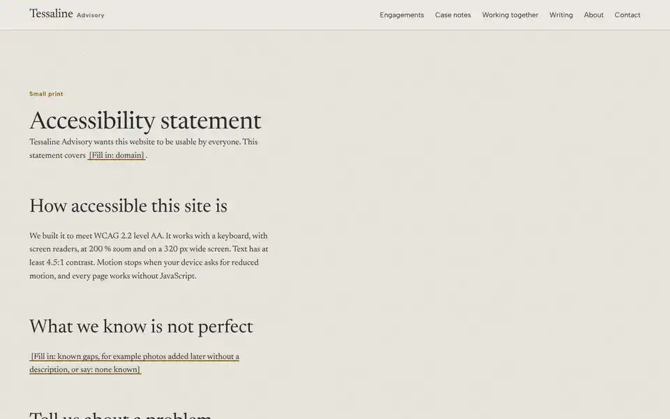 Tessaline, page "Accessibility", first screen