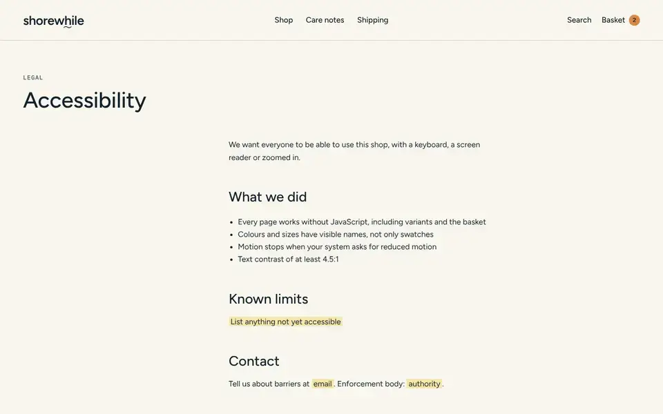 Shorewhile, page "Accessibility statement (template)", first screen