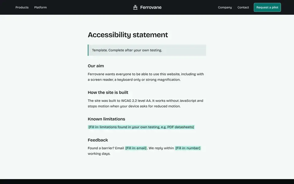 Ferrovane, page "Accessibility (template)", first screen