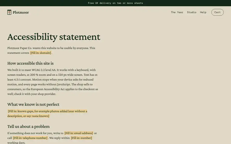 Plotmoor, Seite „Accessibility (template)“, erster Bildschirm