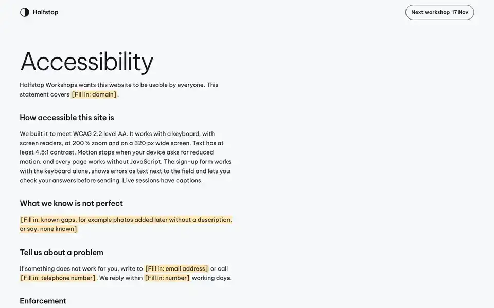 Halfstop, page "Accessibility statement (template)", first screen