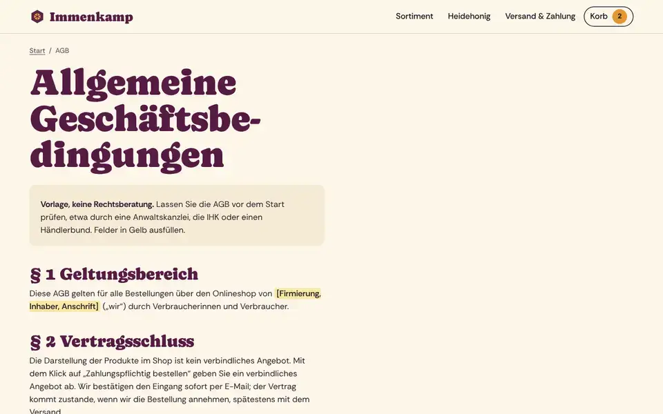 Immenkamp, page "AGB", first screen