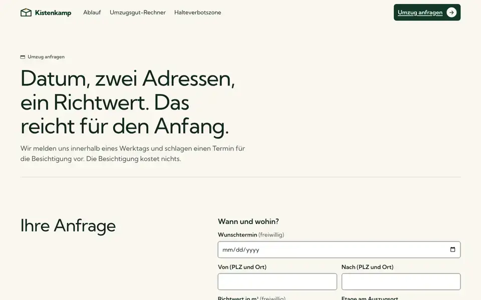 Kistenkamp, Seite „Umzug anfragen“, erster Bildschirm