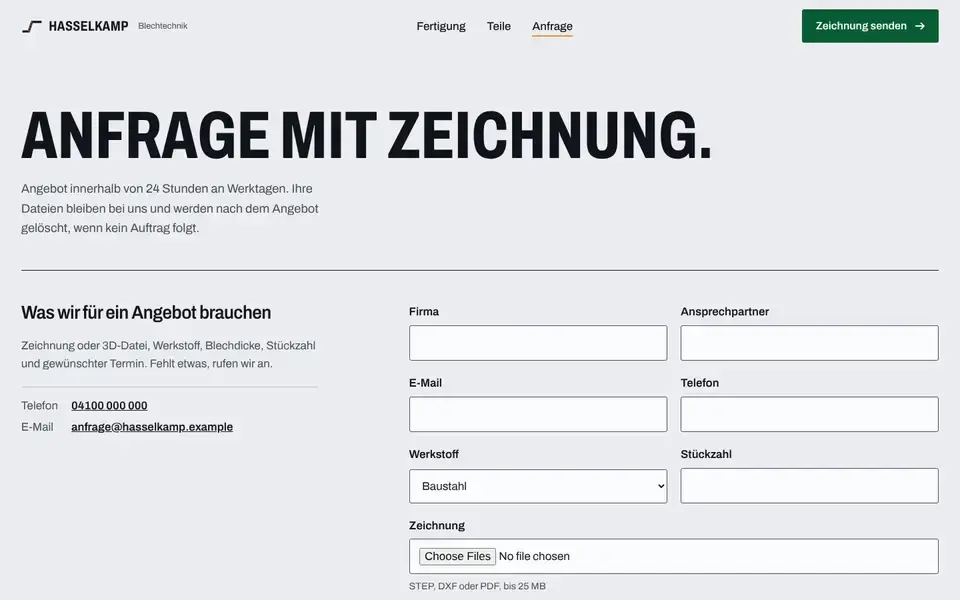 Hasselkamp, page "Anfrage mit Datei-Upload", first screen
