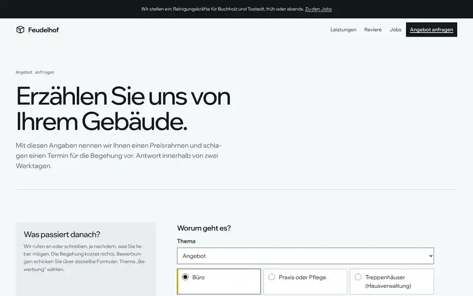 Feudelhof, page "Angebot anfragen", first screen