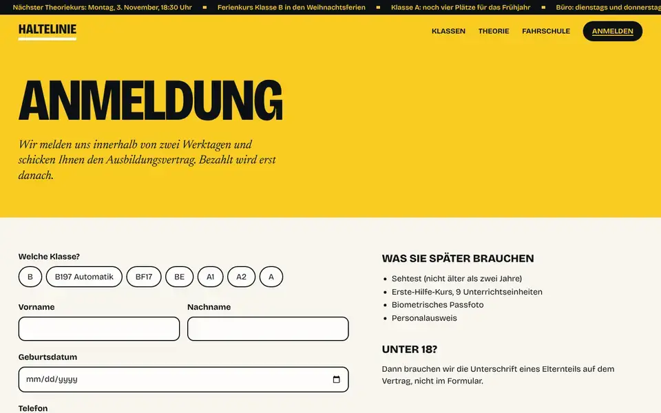 Haltelinie, Seite „Anmeldung (Formular)“, erster Bildschirm