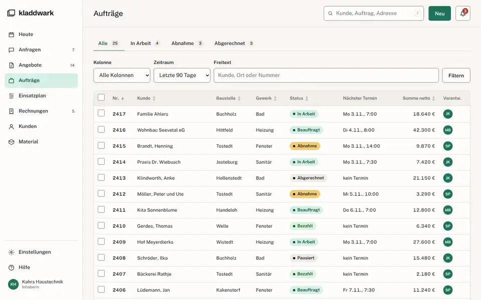 Kladdwark, page "App: Aufträge (Büro)", first screen