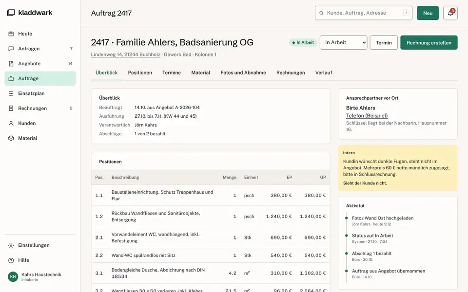 Kladdwark, page "App: Auftrag (Detail)", first screen