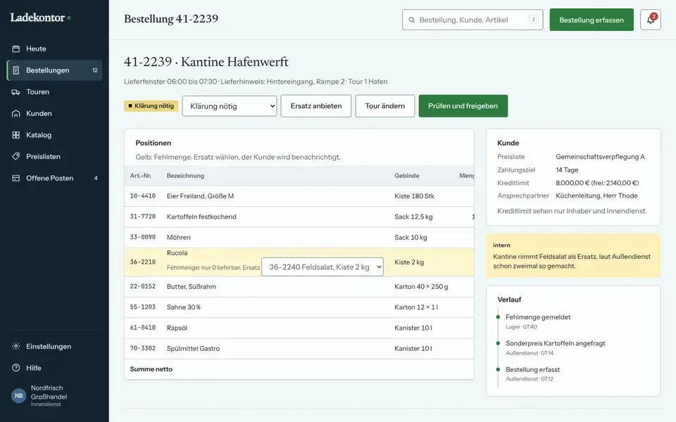 Ladekontor, Seite „App: Bestellung (Detail)“, erster Bildschirm