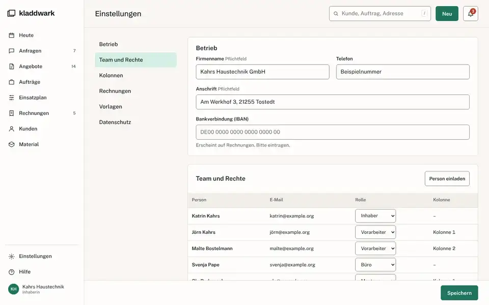 Kladdwark, page "App: Einstellungen, Team und Rechte", first screen