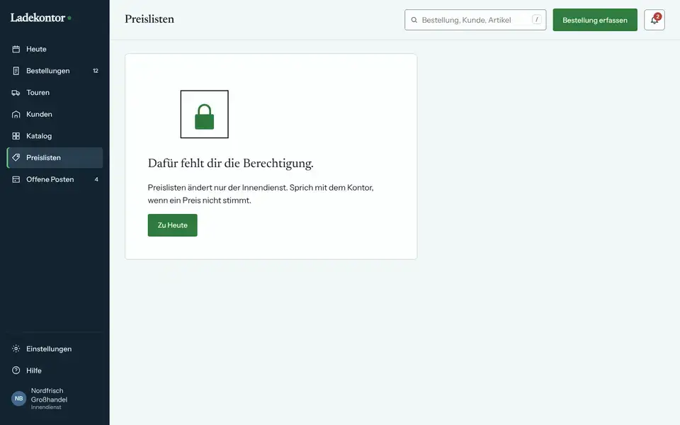 Ladekontor, Seite „App: Keine Berechtigung“, erster Bildschirm