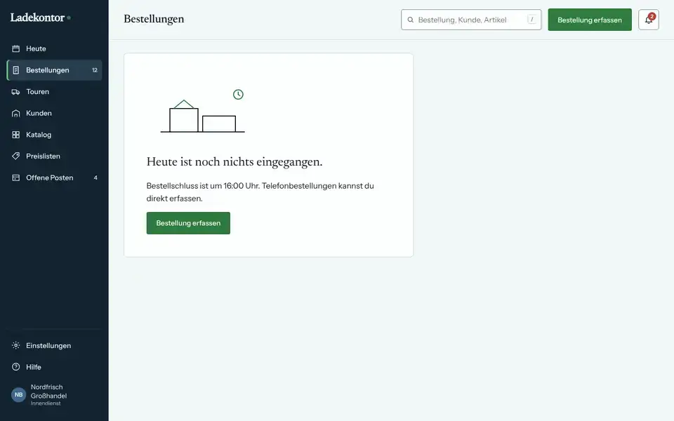 Ladekontor, Seite „App: Leerzustand“, erster Bildschirm