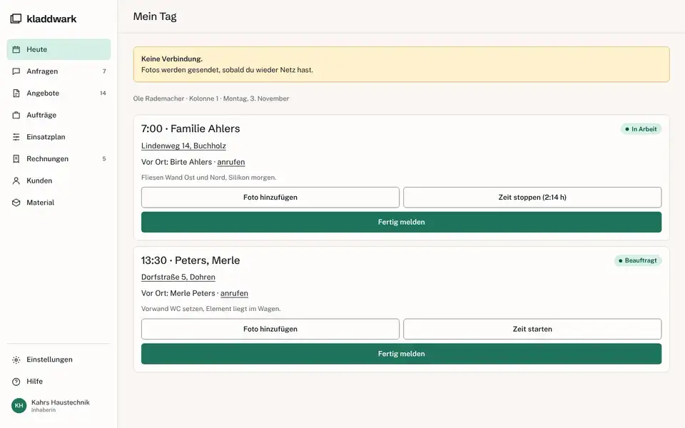 Kladdwark, page "App: Mein Tag (Monteur, mobil)", first screen