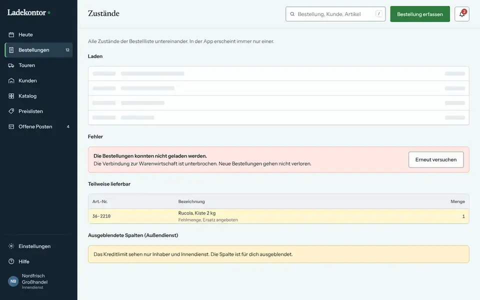Ladekontor, Seite „App: Laden, Fehler, teilweise lieferbar“, erster Bildschirm