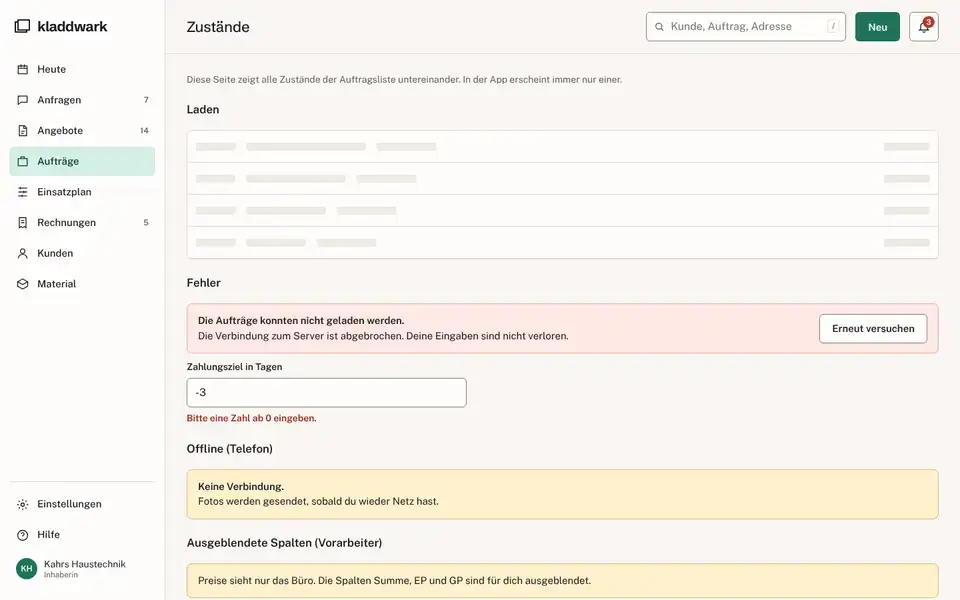 Kladdwark, page "App: Laden, Fehler, offline, gespeichert", first screen