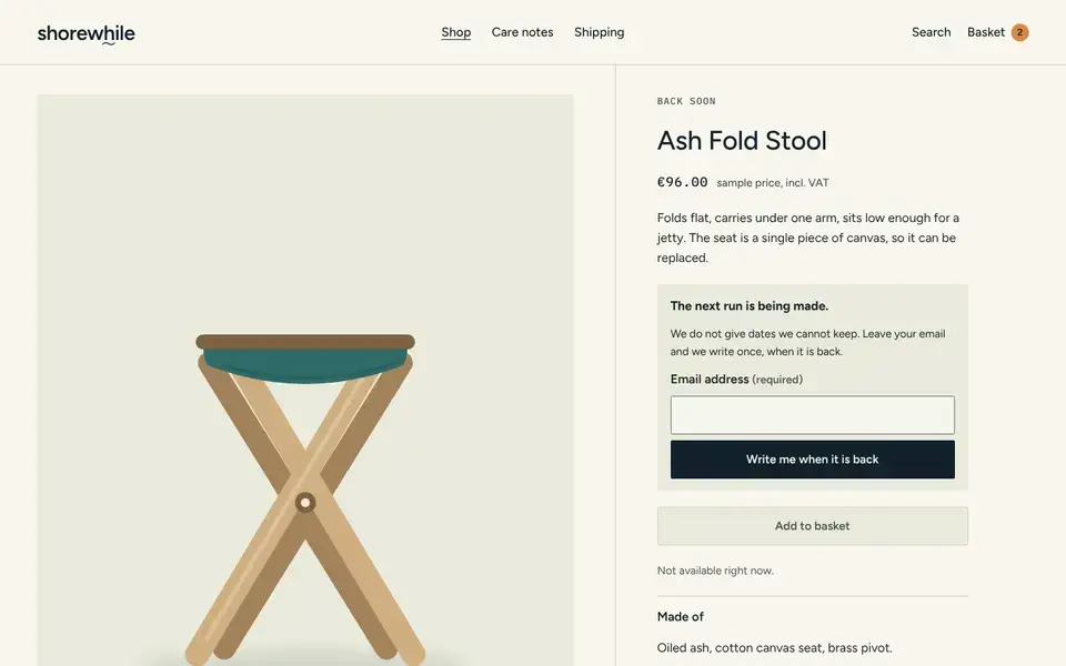 Shorewhile, page "Product: Ash Fold Stool", first screen