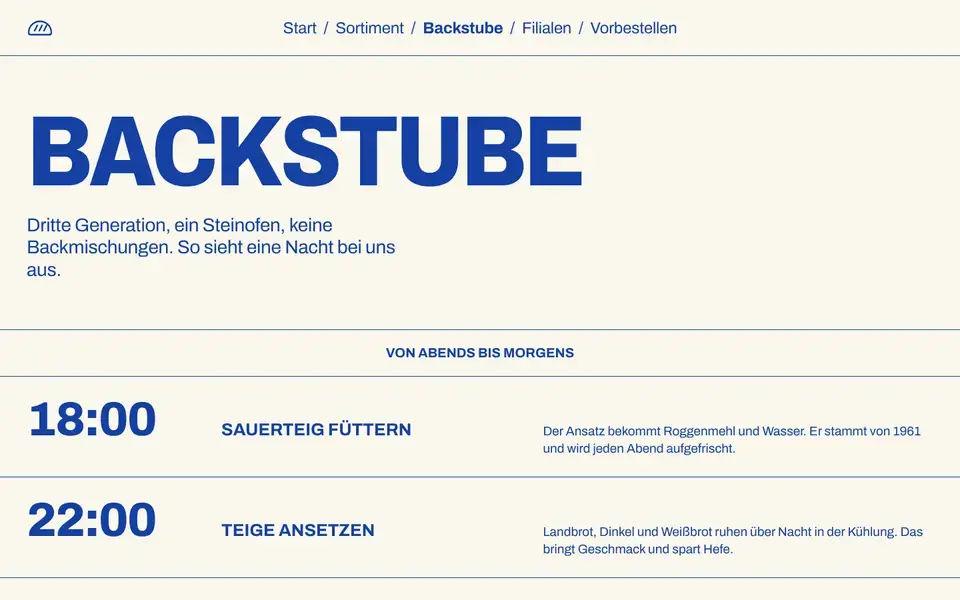 Hollerbeek, page "Backstube", first screen