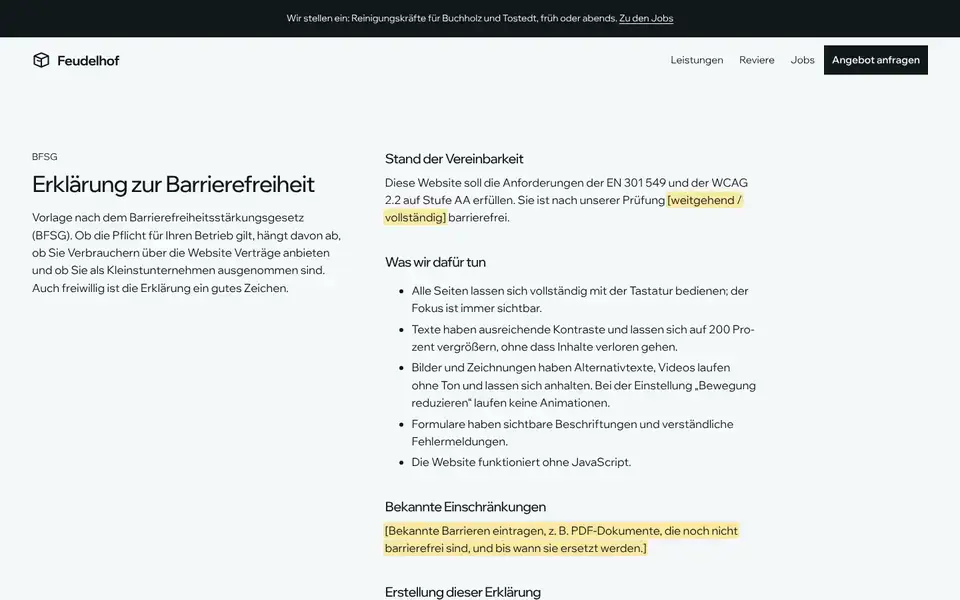Feudelhof, Seite „Barrierefreiheit“, erster Bildschirm