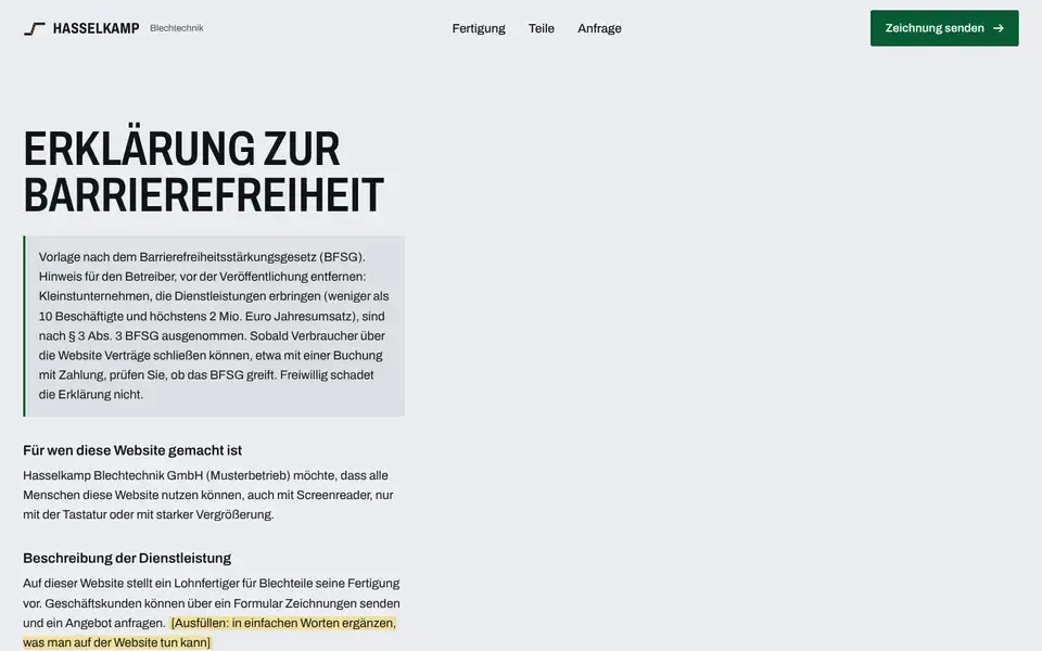 Hasselkamp, page "Barrierefreiheitserklärung (BFSG-Vorlage)", first screen