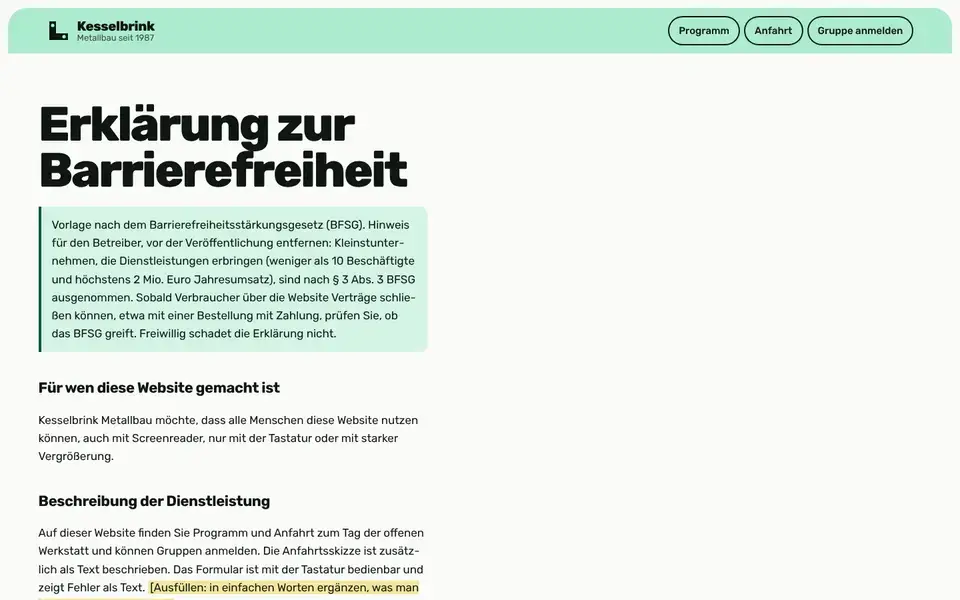Kesselbrink, Seite „Barrierefreiheit (Vorlage BFSG)“, erster Bildschirm