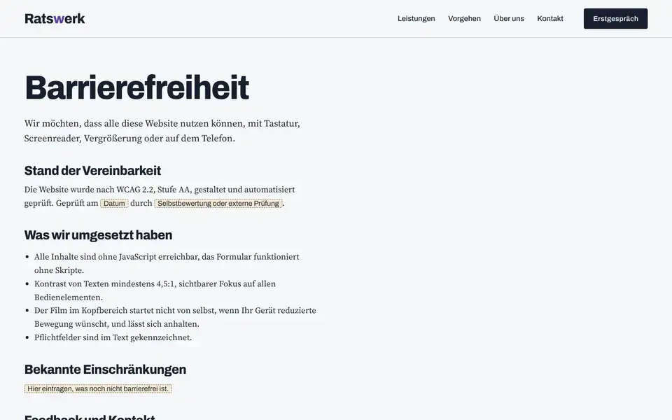 Ratswerk, Seite „Barrierefreiheit (Vorlage BFSG)“, erster Bildschirm