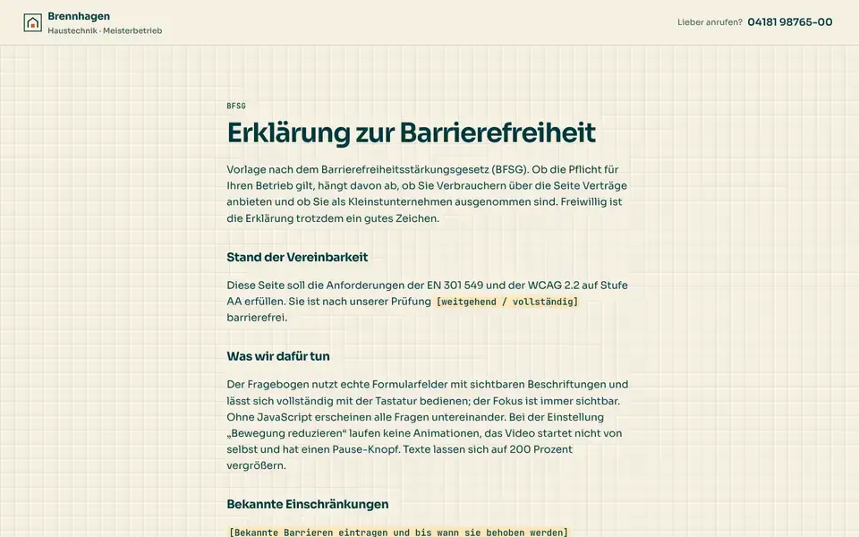 Brennhagen, Seite „Barrierefreiheit (Vorlage BFSG)“, erster Bildschirm
