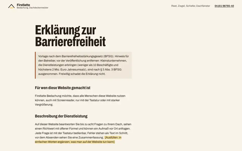 Firstlatte, page "Barrierefreiheit (Vorlage BFSG)", first screen