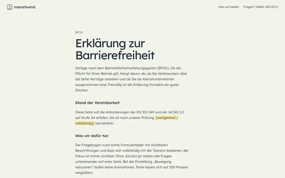 Marschwind, Seite „Barrierefreiheit (Vorlage BFSG)“, erster Bildschirm