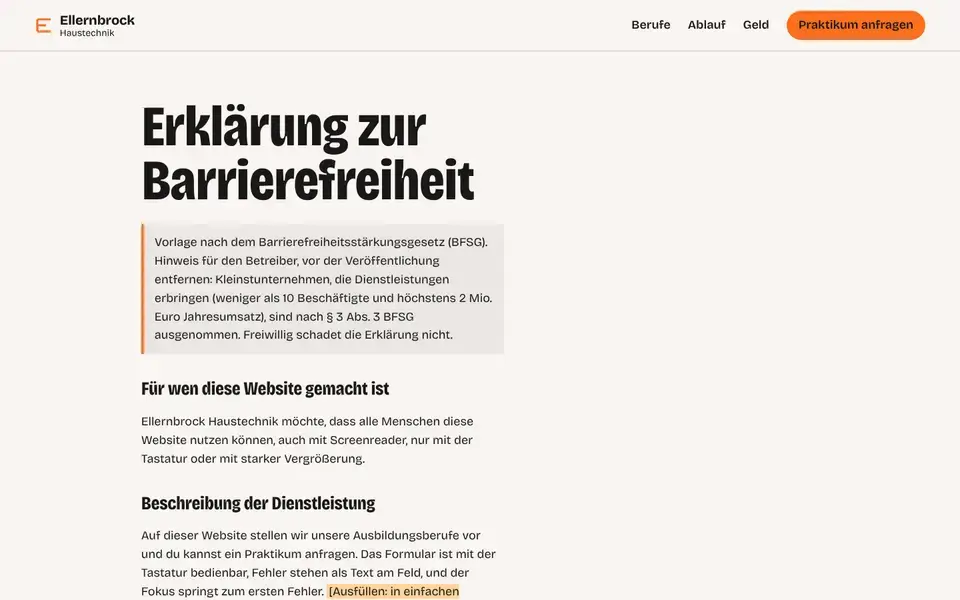 Ellernbrock, page "Barrierefreiheit (Vorlage BFSG)", first screen