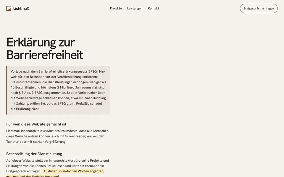Lichtmaß, page "Barrierefreiheitserklärung (BFSG-Vorlage)", first screen