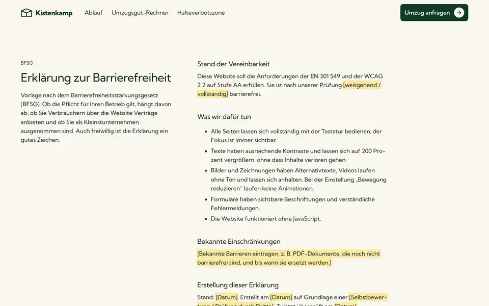 Kistenkamp, Seite „Barrierefreiheit“, erster Bildschirm