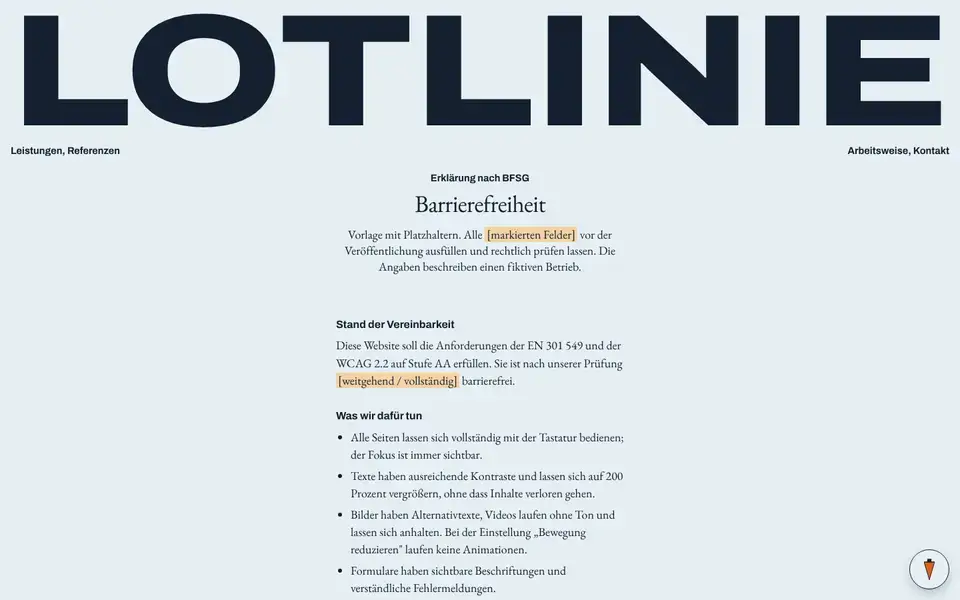 Lotlinie, page "Barrierefreiheit (Vorlage BFSG)", first screen